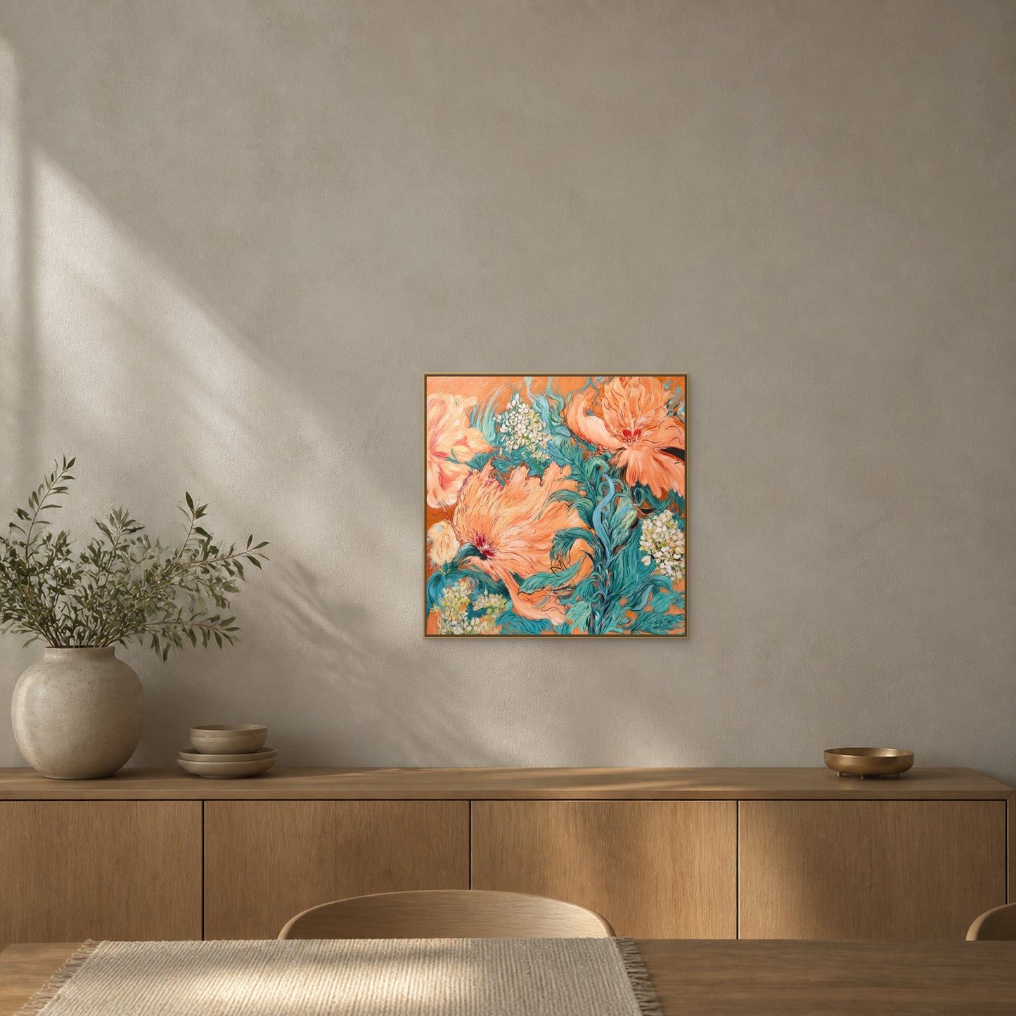 Coral Peony Garden in a slim champagne floating frame above an oak sideboard on a sand-grey dining room wall