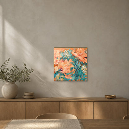 Coral Peony Garden in a slim champagne floating frame above an oak sideboard on a sand-grey dining room wall