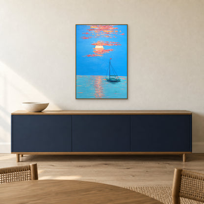 Sunset boat seascape in a champagne-tone floating frame above a navy sideboard in a warm dining area.