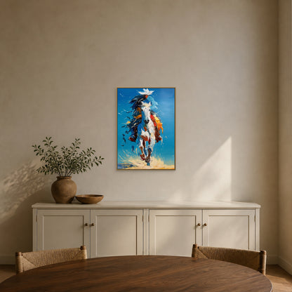 Blue Sky Gallop in a slim champagne floating frame centred above a painted-wood credenza in a sand-grey dining room