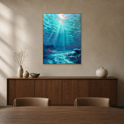 Deep Blue Reverie in a slim champagne floating frame above a walnut sideboard in a warm greige dining room
