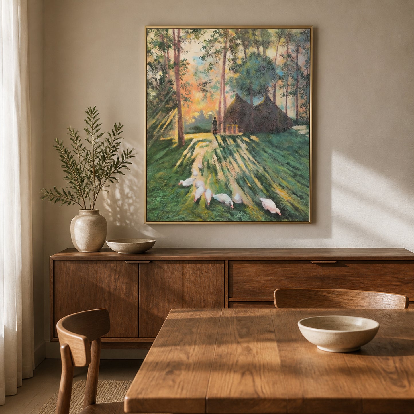 Woodland Morning in a slim champagne floating frame above a walnut dining room sideboard