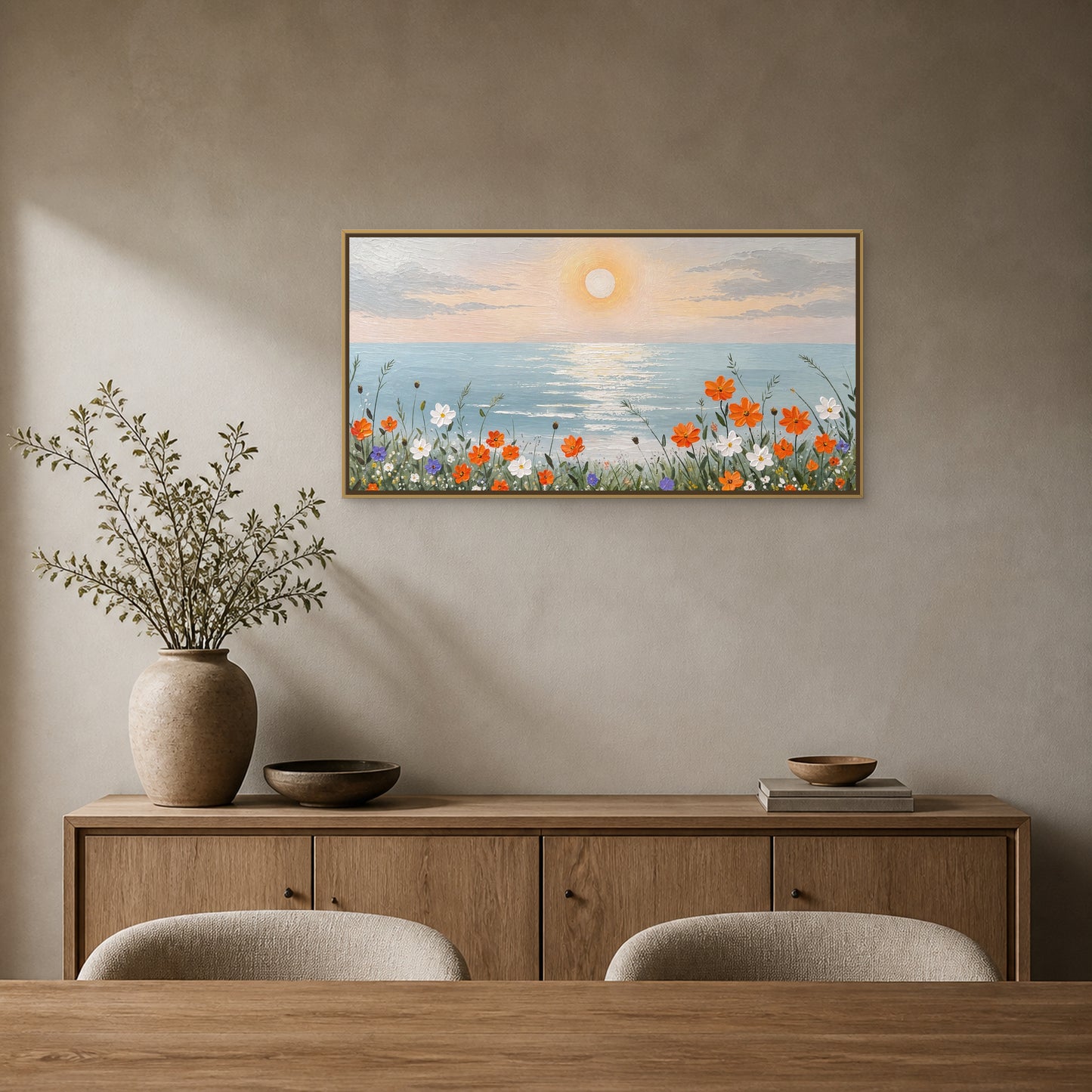 Coastal Bloom at Sunrise in a slim champagne floating frame above an oak sideboard in a sand-grey dining room