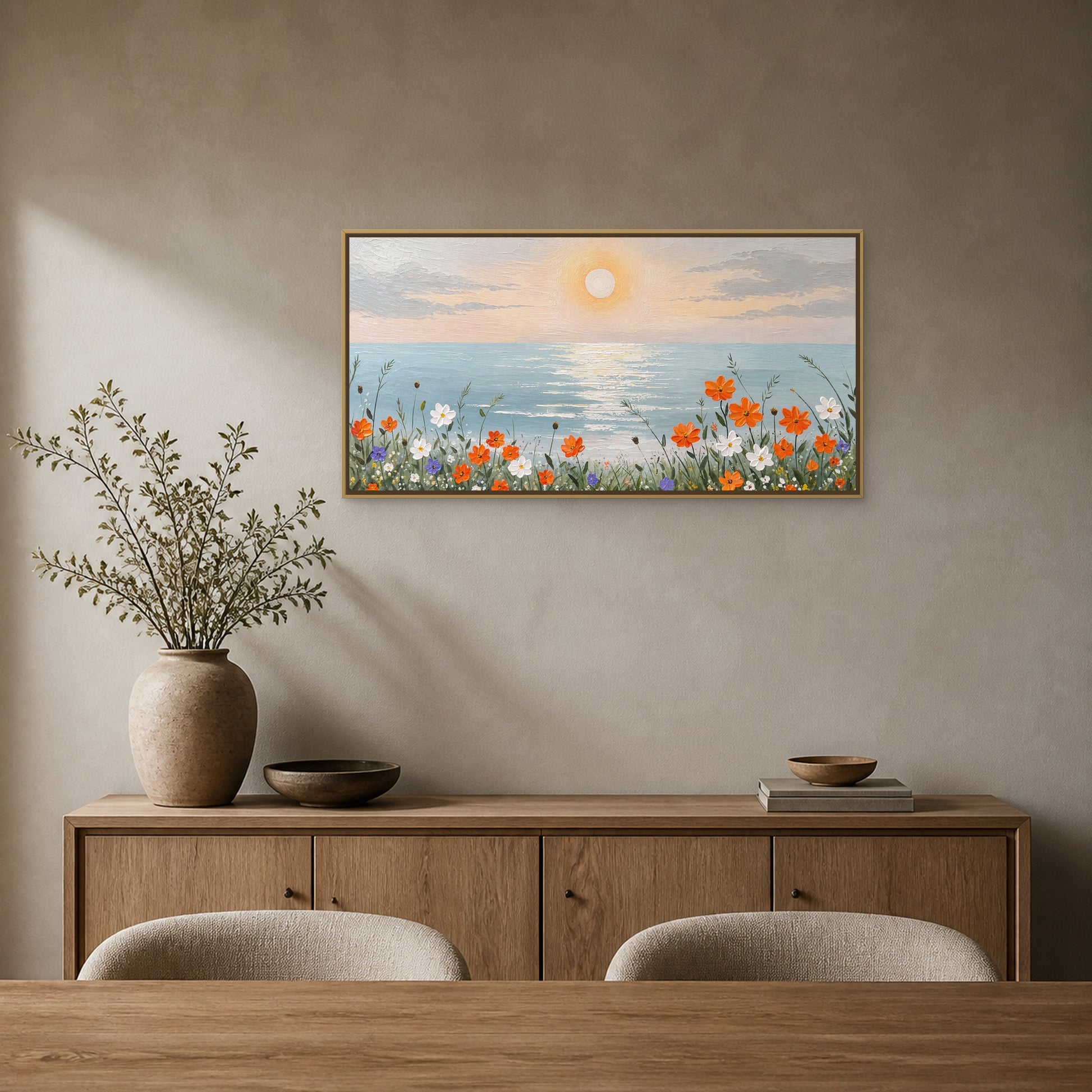 Coastal Bloom at Sunrise in a slim champagne floating frame above an oak sideboard in a sand-grey dining room