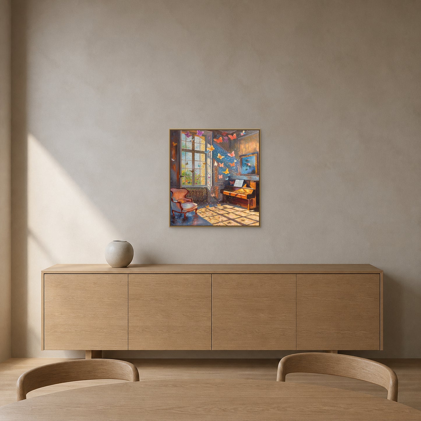 Butterflies in the Music Room in a slim champagne floating frame above a painted-wood credenza in a sand-grey dining room