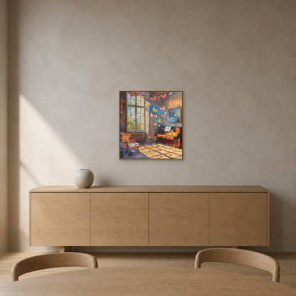 Butterflies in the Music Room in a slim champagne floating frame above a painted-wood credenza in a sand-grey dining room