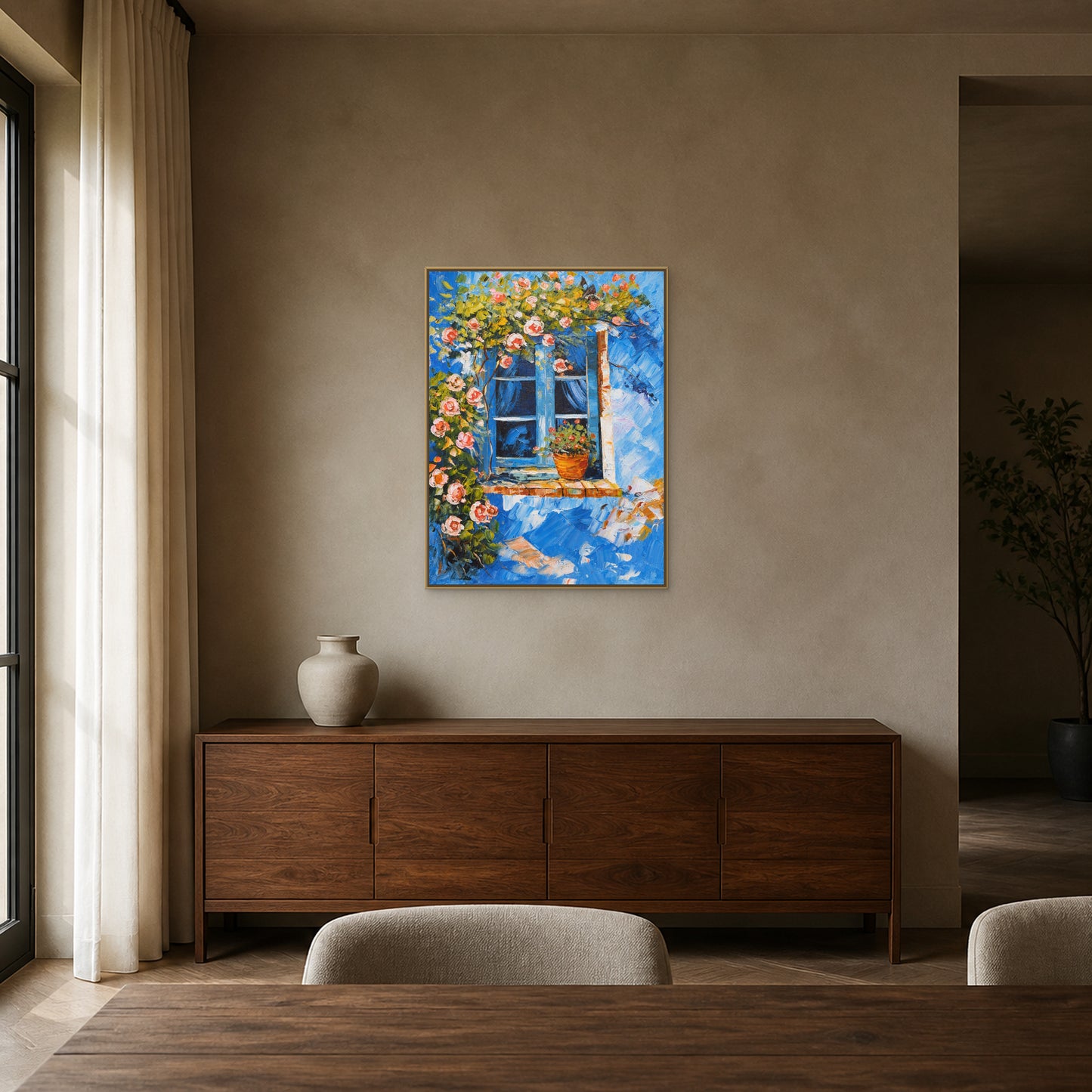 Blue Window in Bloom in a slim champagne floating frame above a walnut dining room sideboard