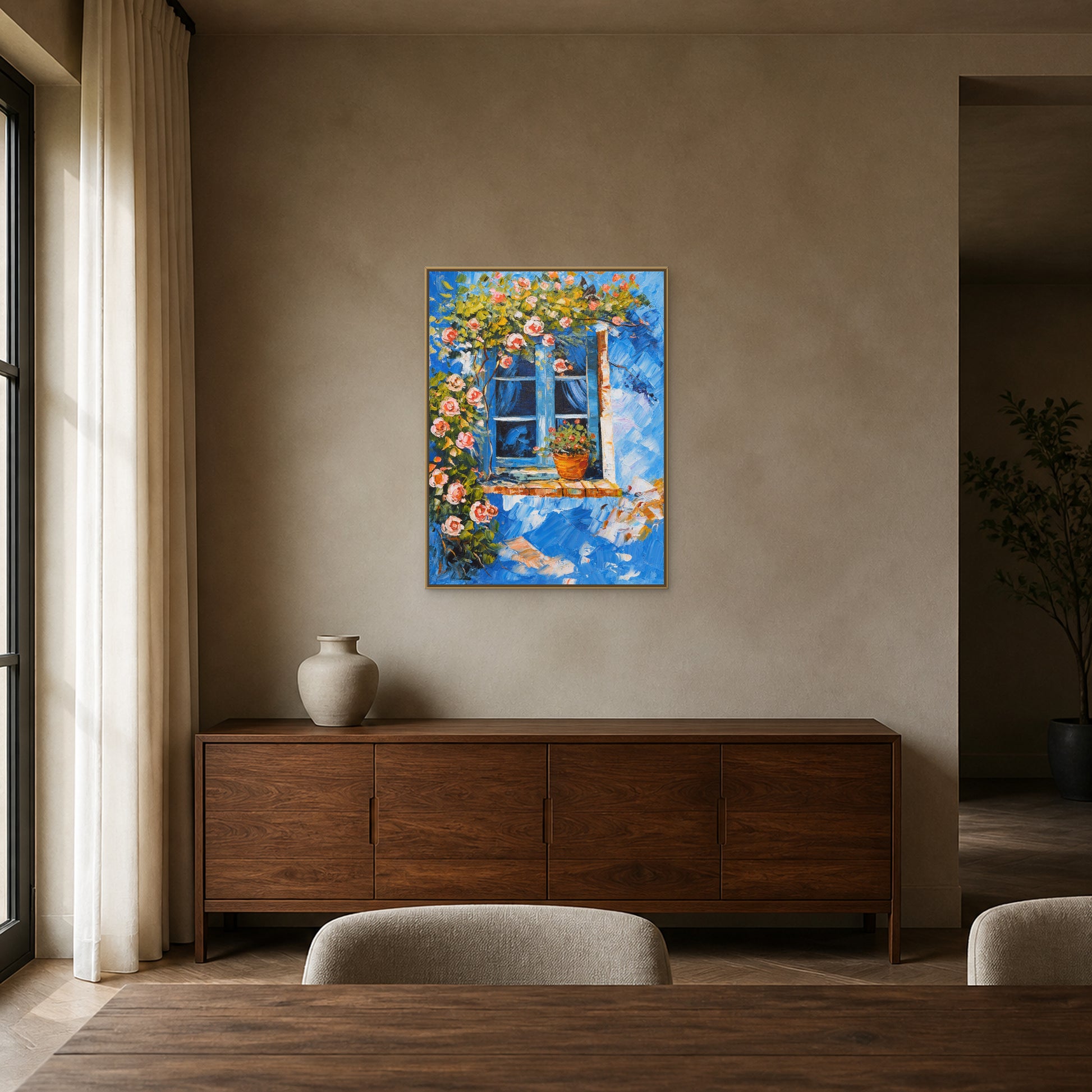 Blue Window in Bloom in a slim champagne floating frame above a walnut dining room sideboard