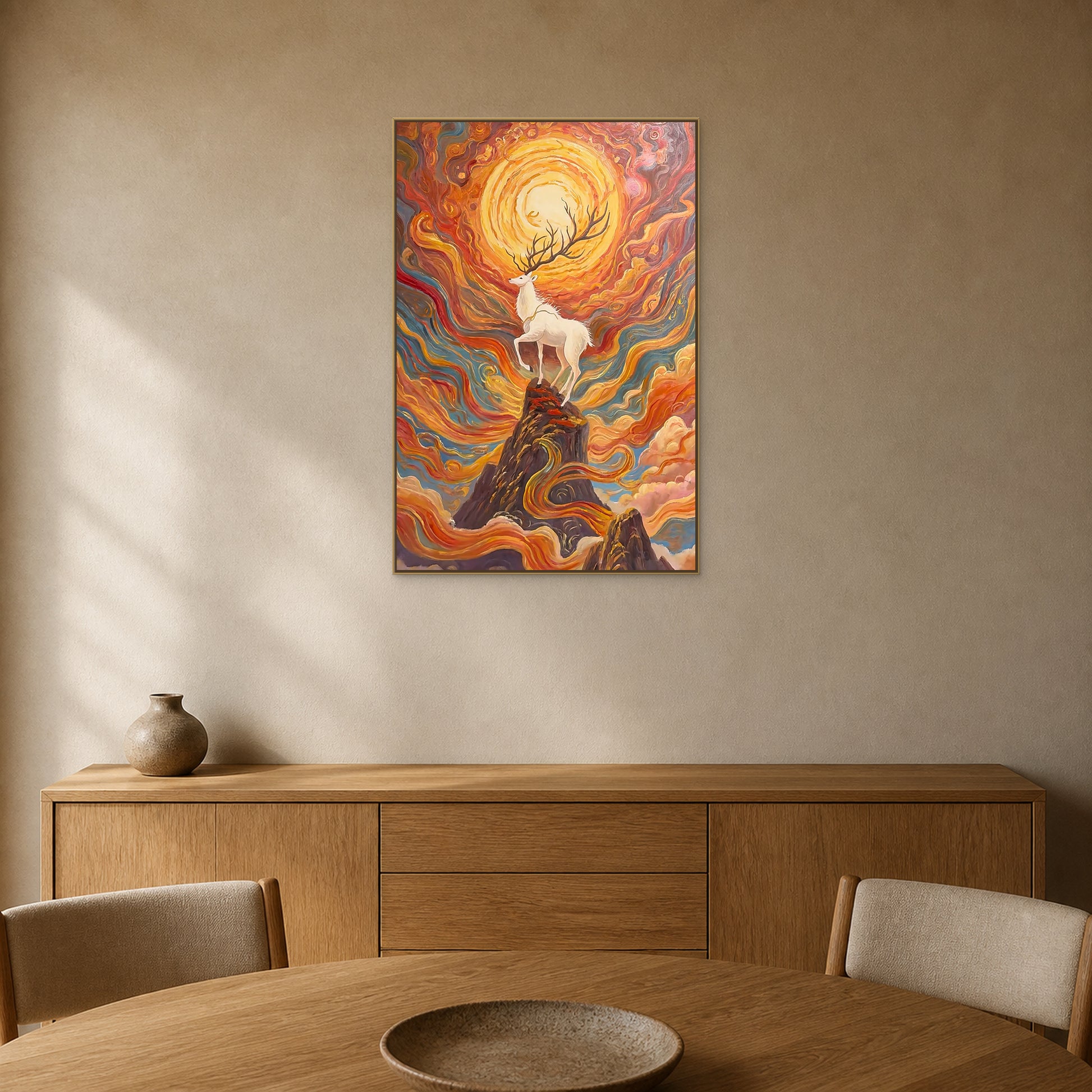 Radiant sunrise and white deer painting in a thin champagne floating frame above an oak dining sideboard