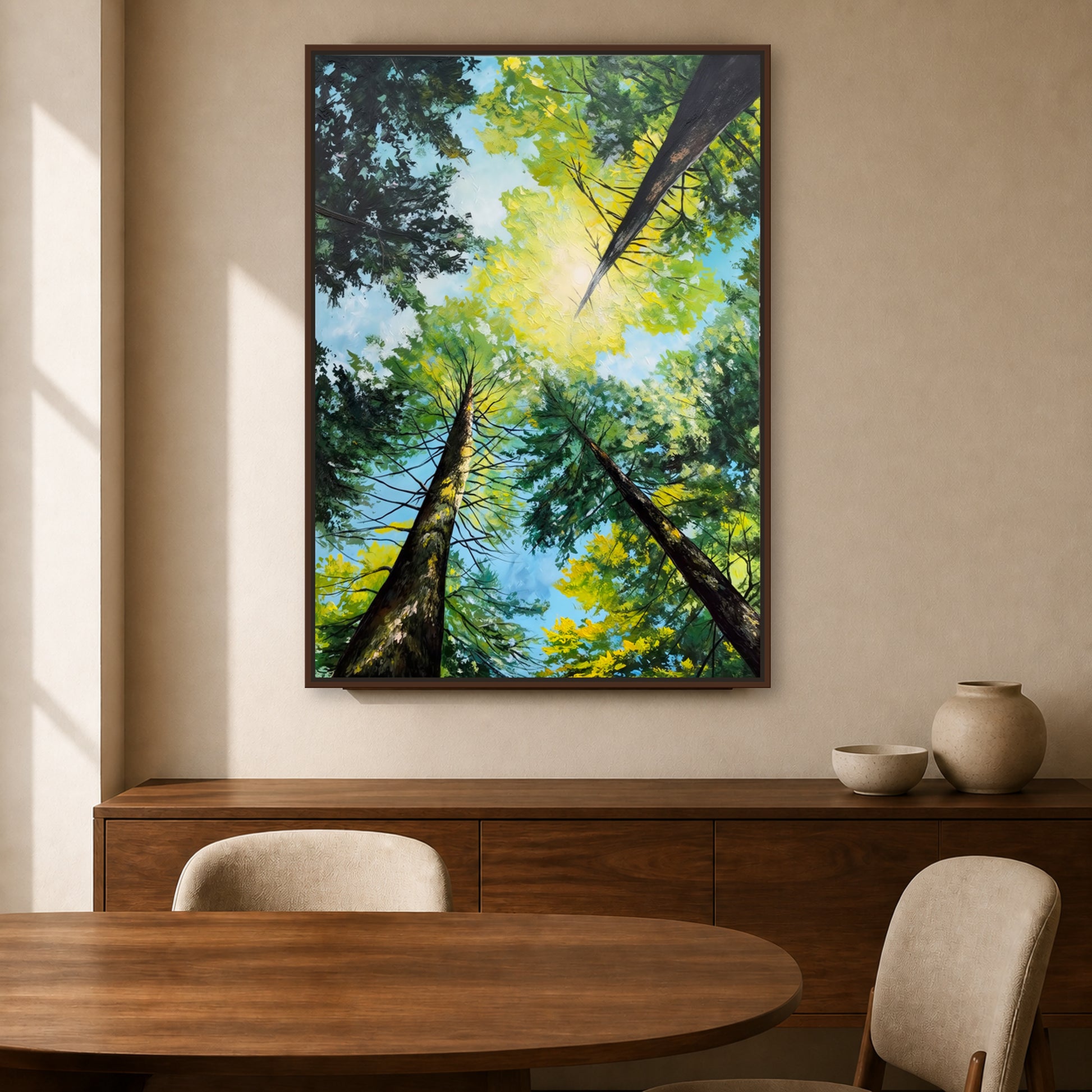 Light Through the Trees in a slim dark walnut floating frame above a dining room sideboard