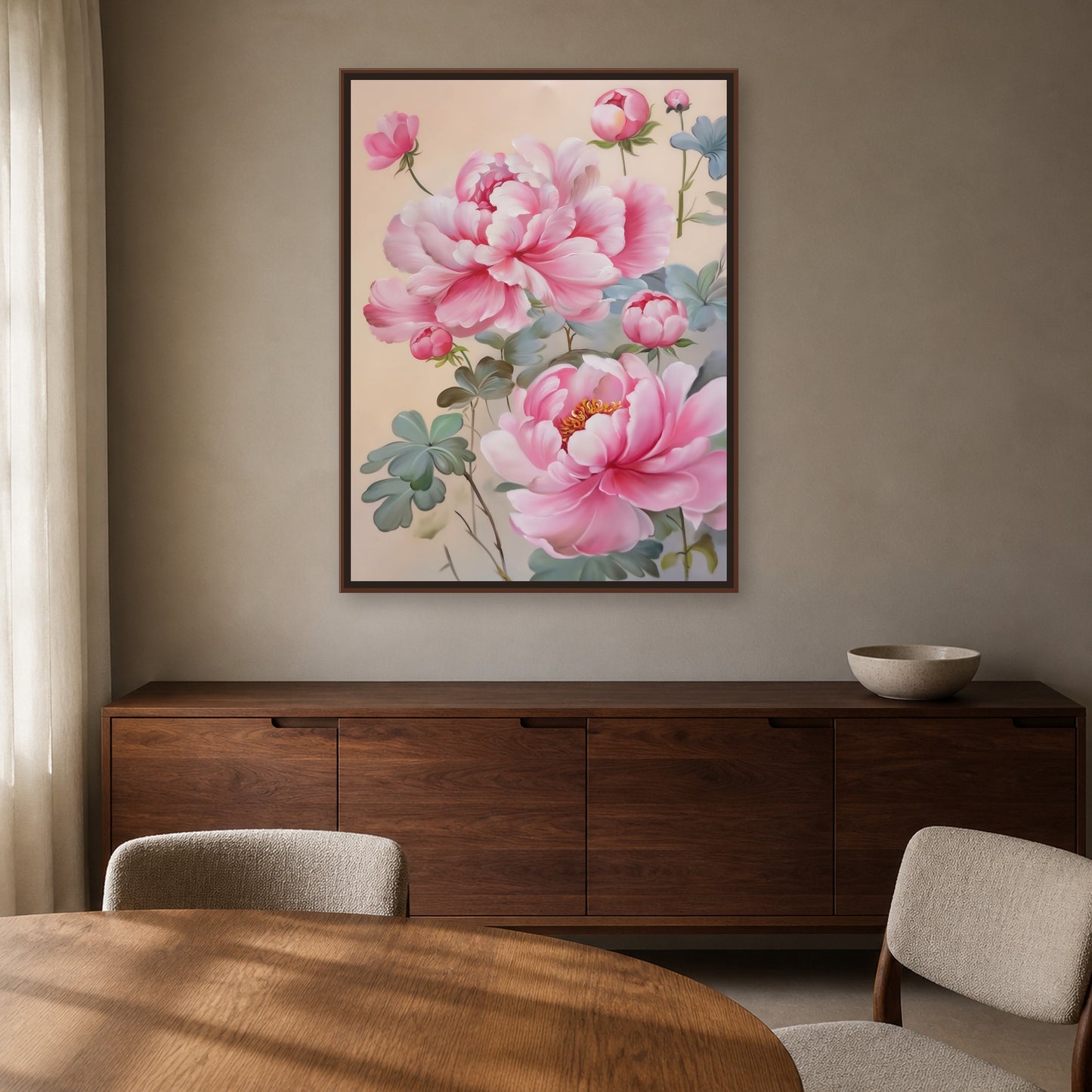 Blush Peonies in a slim dark walnut floating frame above a dining room credenza