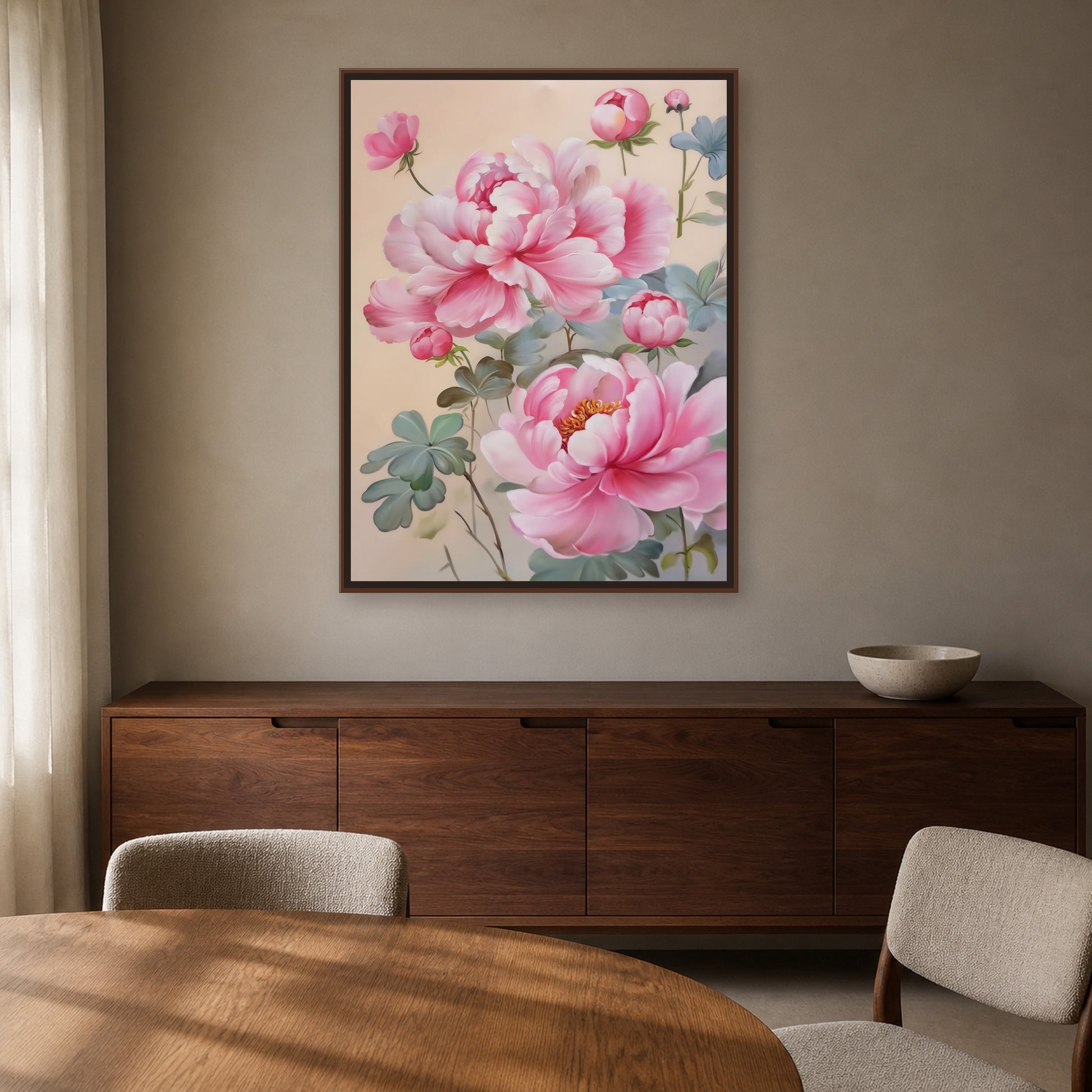 Blush Peonies in a slim dark walnut floating frame above a dining room credenza