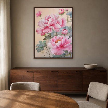 Blush Peonies in a slim dark walnut floating frame above a dining room credenza