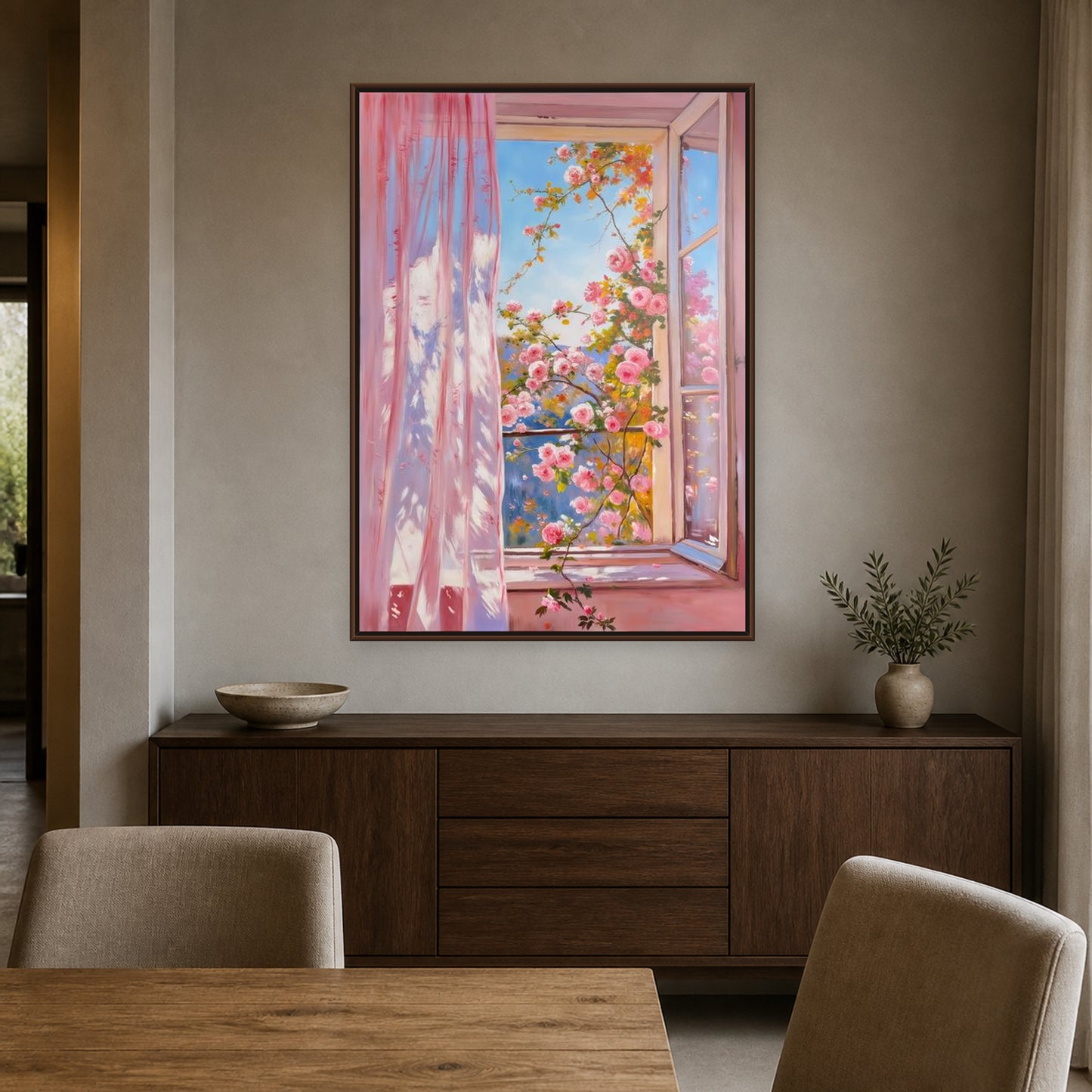 Roses at the Open Window in a slim walnut floating frame above a dining room sideboard