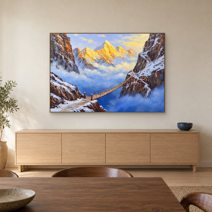 Blue canyon and golden mountain painting in a champagne-tone frame above a pale oak sideboard