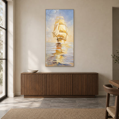 Golden sailing ship painting in a champagne-coloured floating frame above a fluted walnut-toned sideboard.