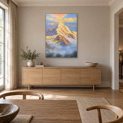 Mountain landscape with blue-grey mist in a champagne-tone frame above a dining-room sideboard