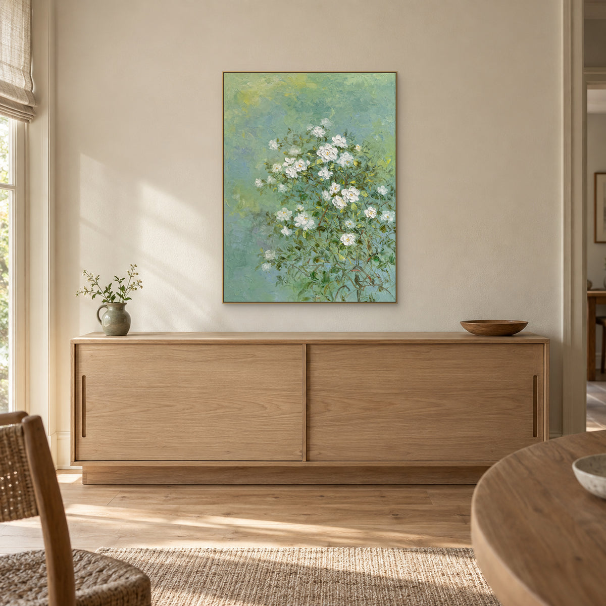 Jasmine floral painting in a champagne-tone frame centred above a light wood sideboard
