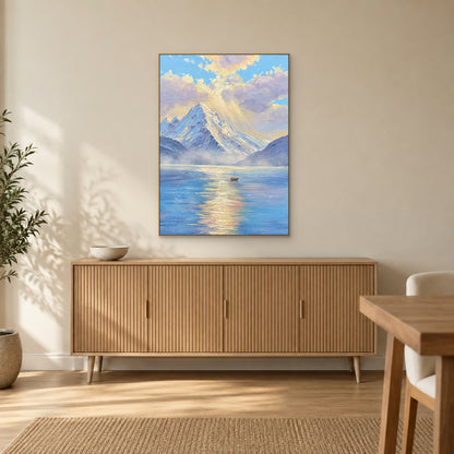 Mountain lake at first light in a champagne-colour floating frame above a light oak-colour sideboard