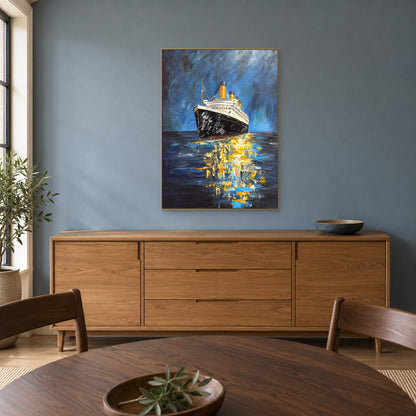 Night ocean liner in a champagne-toned floating frame above an oak-toned sideboard against a blue-grey dining room wall