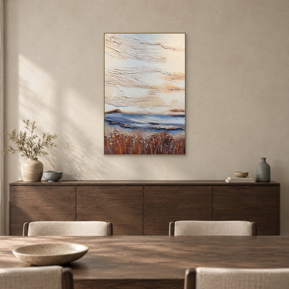 Ivory abstract with blue and earthy bands in a champagne-coloured frame above a long dark wooden dining-room sideboard