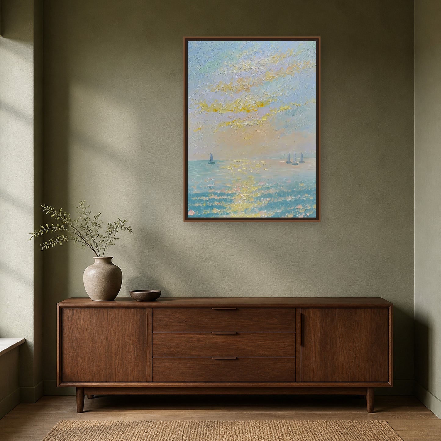 Sails on a Golden Sea in a slim wood floating frame above a walnut sideboard on a sage wall
