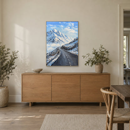 Vertical snow mountain painting in a champagne-tone floating frame above an oak sideboard beside a leafy vase