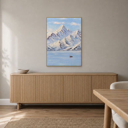 Snow Peaks, Still Lake in a champagne-tone floating frame above a dining-room sideboard