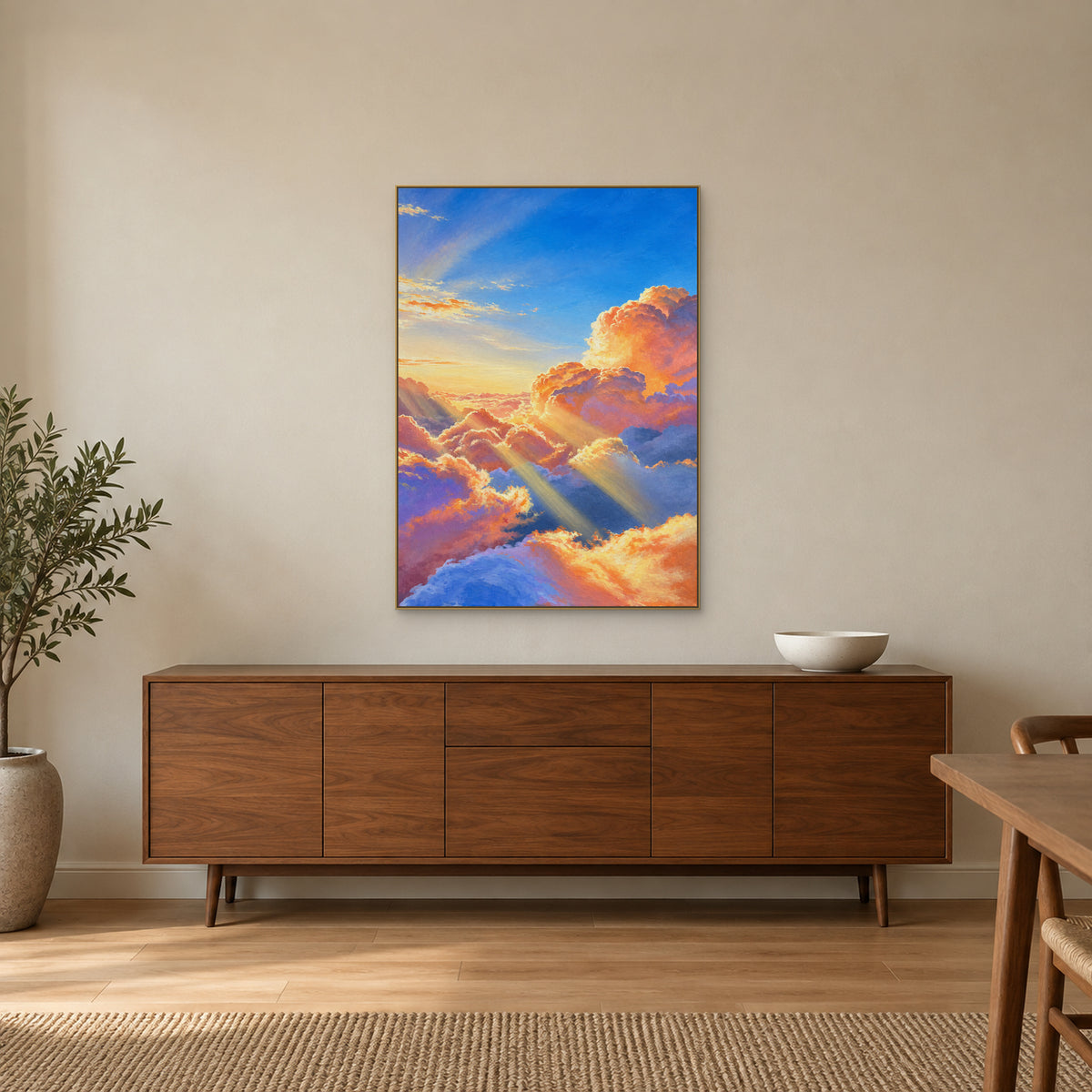 Peach and blue cloud painting in a champagne-tone floating frame above a wooden dining-room sideboard