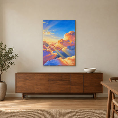 Peach and blue cloud painting in a champagne-tone floating frame above a wooden dining-room sideboard