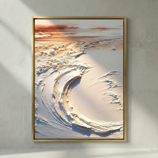 Aegean Oscillation gray and white textured wave wall art in a slim gold-toned frame