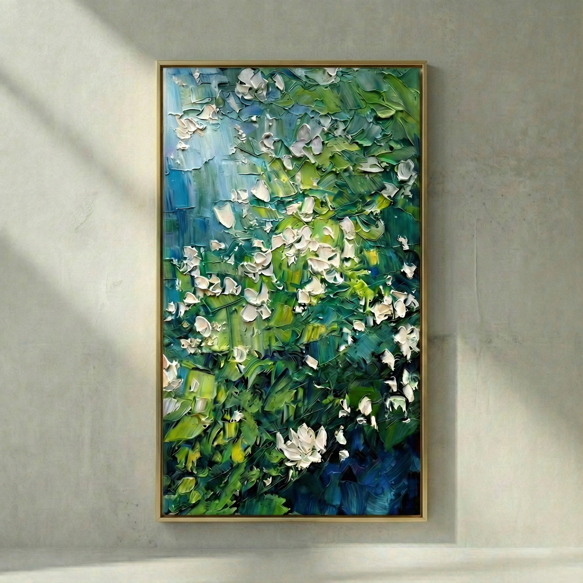 Aethelgard Verdant green, blue and white garden impasto wall art