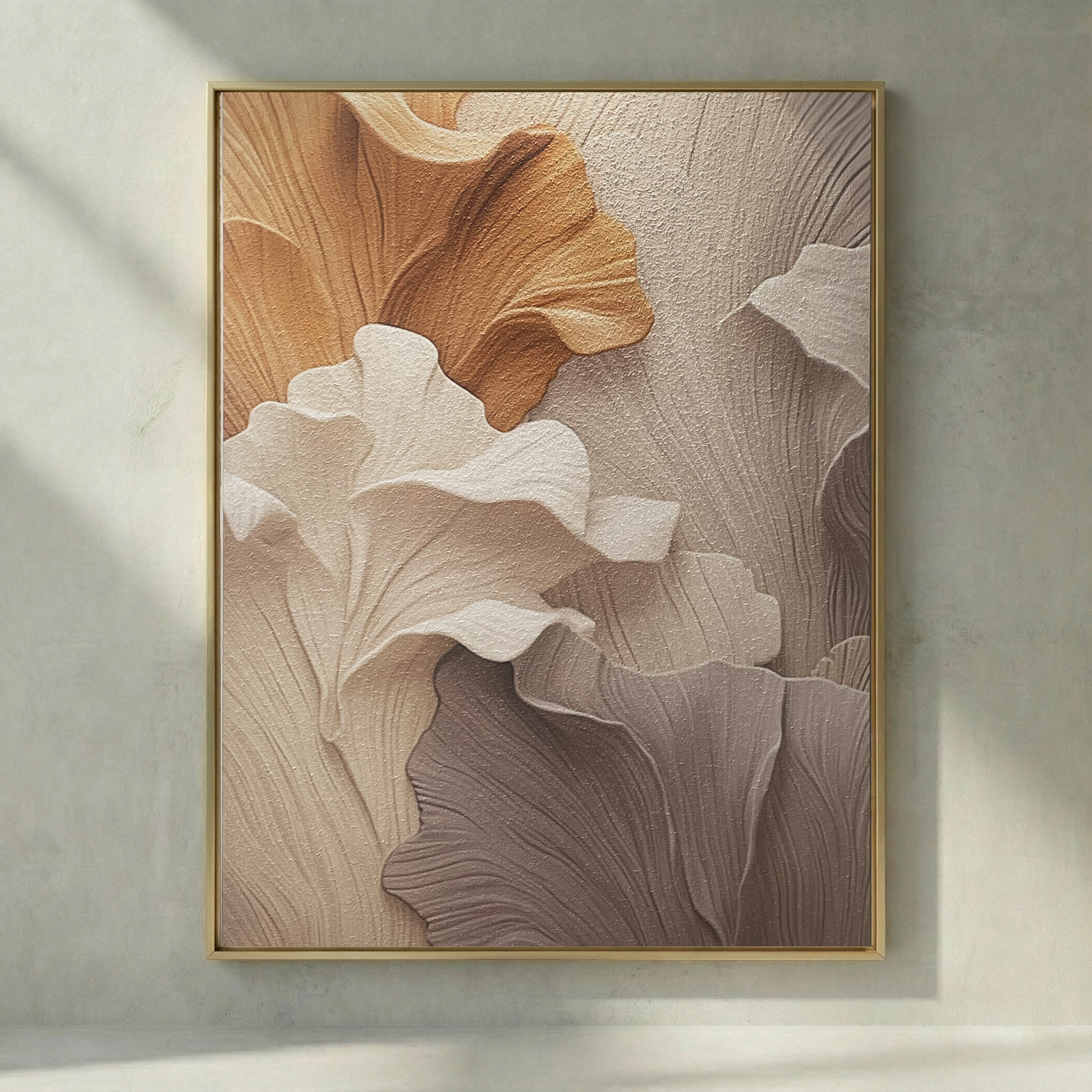 Falling Ginkgo layered leaf textured wall art in cream and caramel