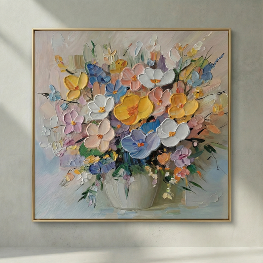 Aurelia Impasto Bloom pastel floral textured wall art in yellow, blue and blush