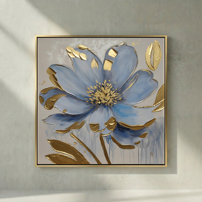 Gilded Azure blue and gold-toned floral textured wall art