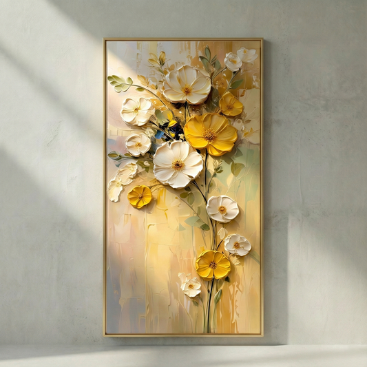 Cosmos Aeterna white and ochre floral textured wall art