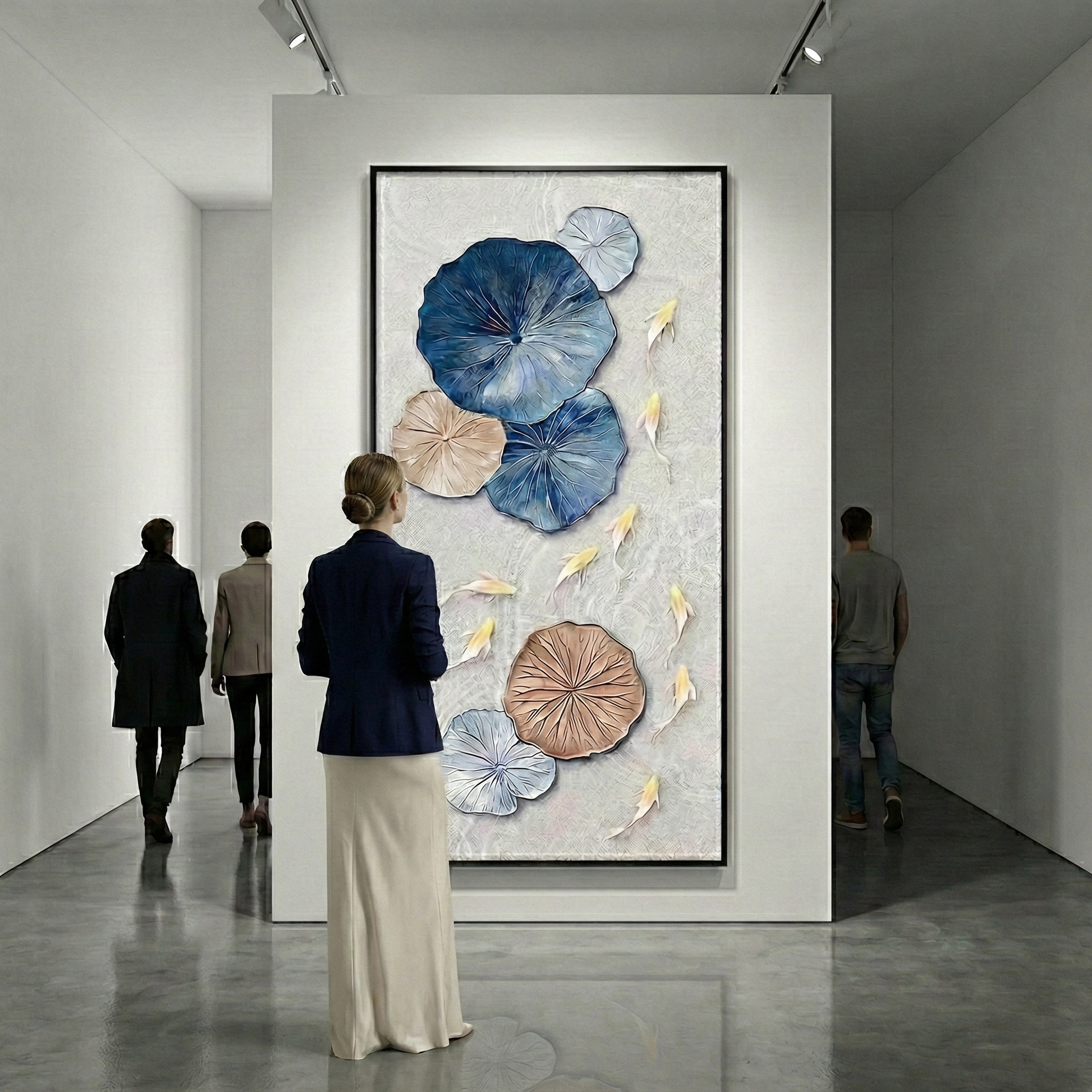 Lotus Drift large vertical artwork in a gallery corridor