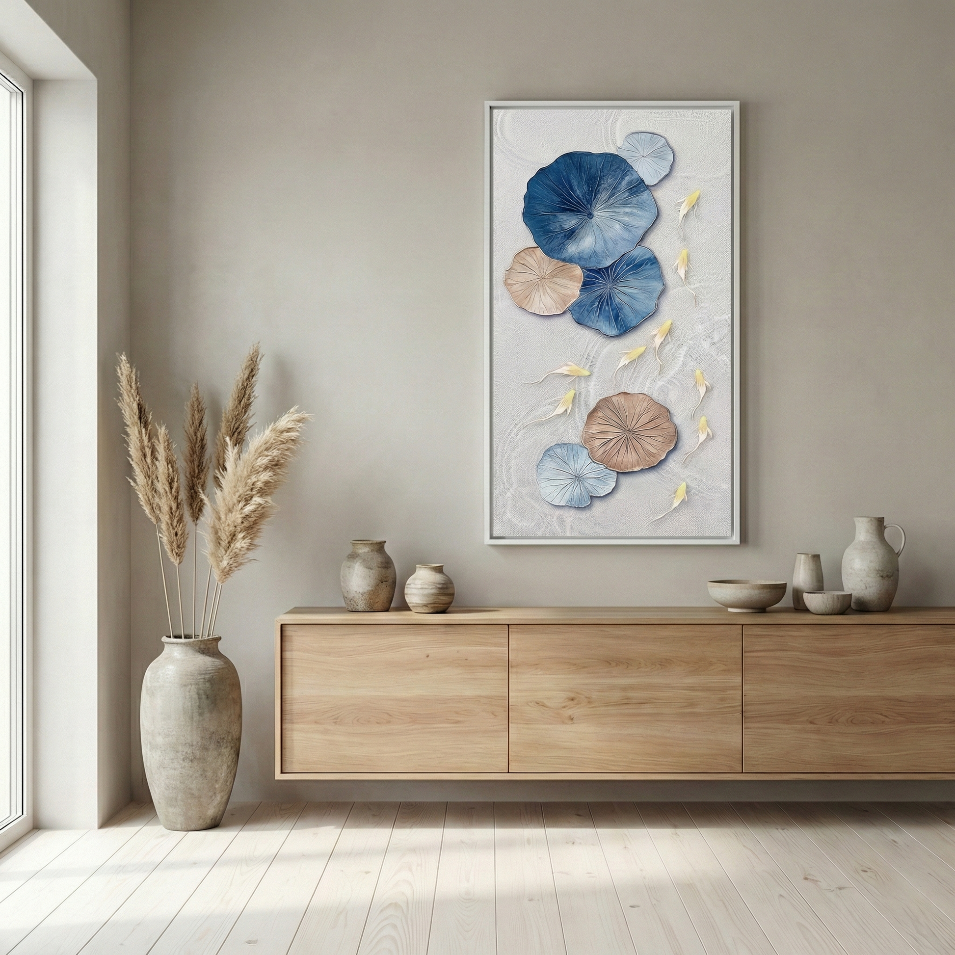 Lotus Drift above a pale wood dining cabinet