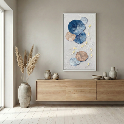 Lotus Drift above a pale wood dining cabinet
