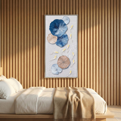 Lotus Drift above a low bed against a warm wood slat wall