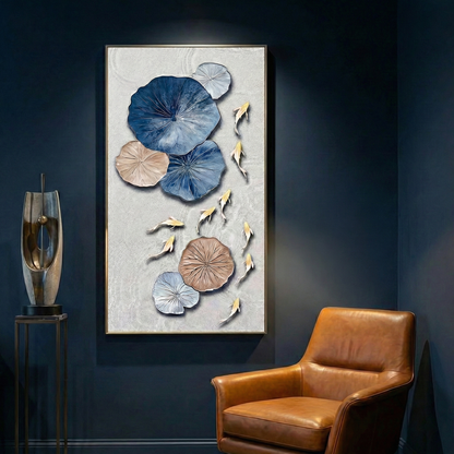 Lotus Drift lotus and koi artwork in a dark blue lounge