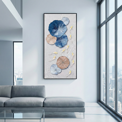 Lotus Drift blue lotus art in a bright penthouse living room