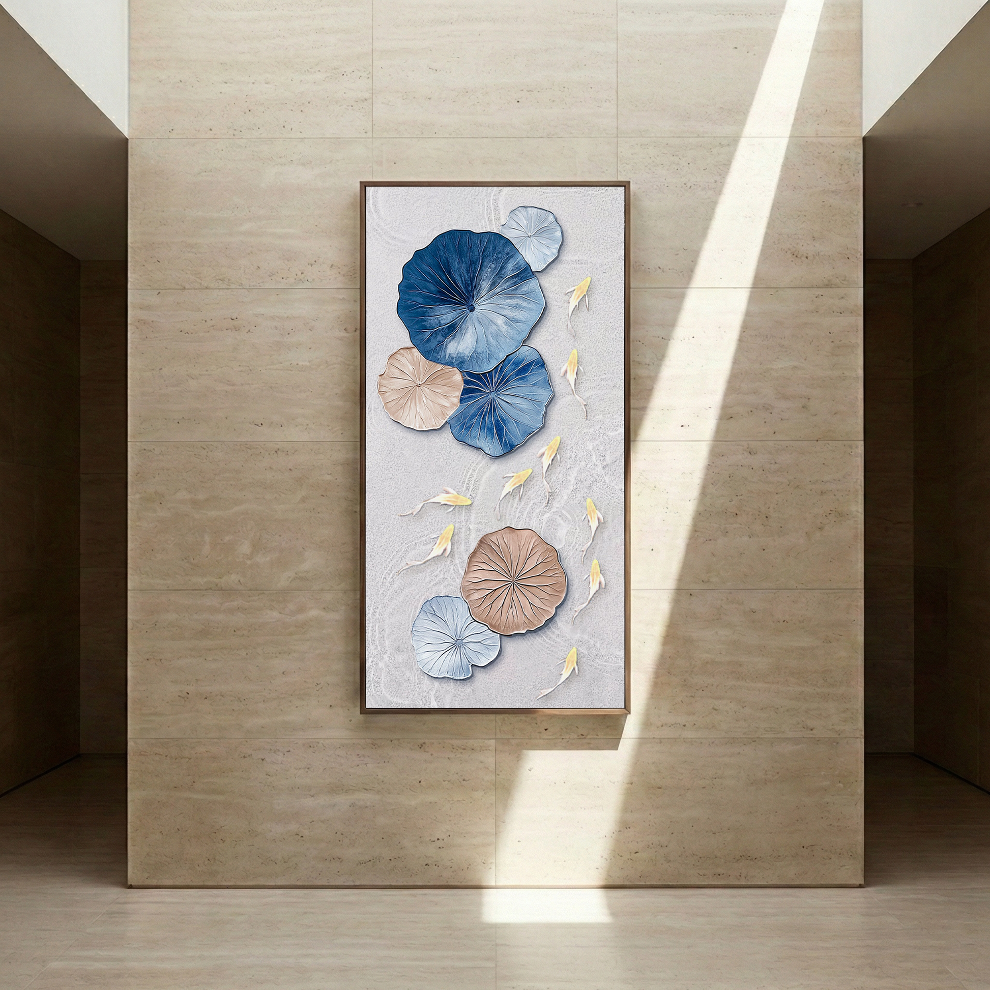 Lotus Drift displayed on a pale stone wall in a villa entry