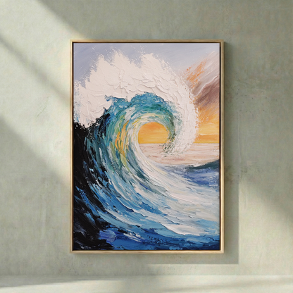 Tidal Crest blue curling wave impasto wall art