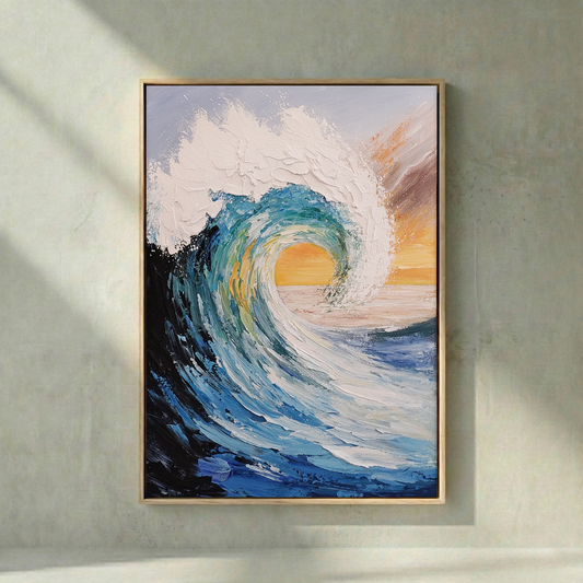 Tidal Crest blue curling wave impasto wall art