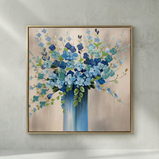 Indigo Silence blue and green floral impasto wall art
