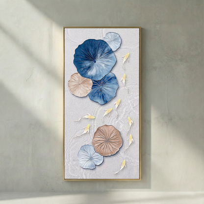 Lotus Drift blue lotus and koi textured wall art