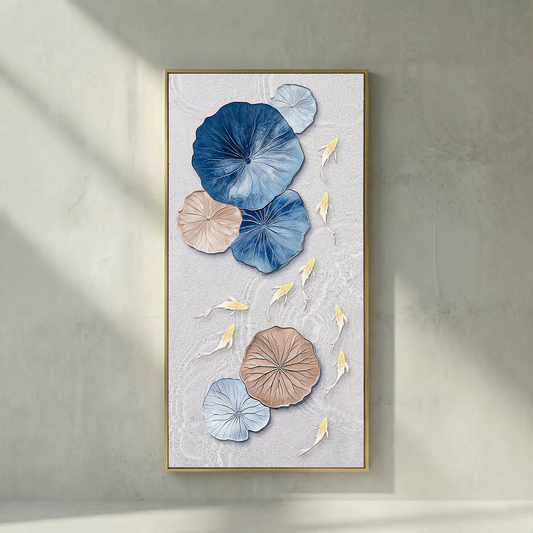 Lotus Drift blue lotus and koi textured wall art