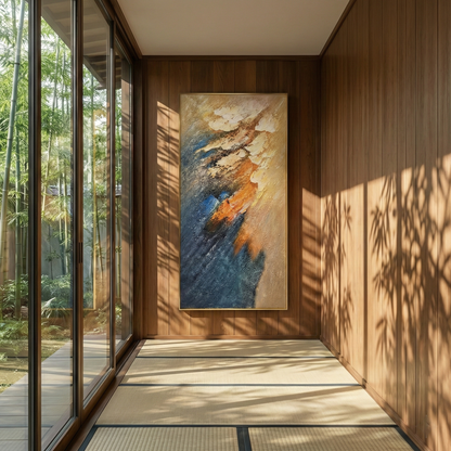 Meridian Strata on a wood wall beside a garden corridor
