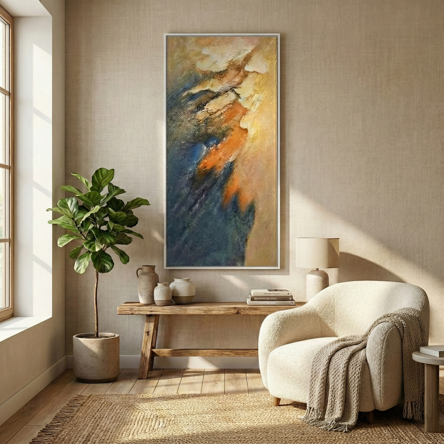 Meridian Strata above a wood console in a neutral living room